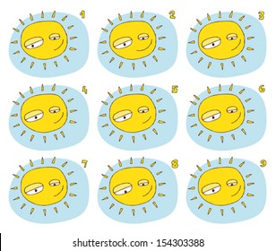 Match Pairs Visual Game: Sunshine. Task: find two identical images! Answer: 3 and 7. Illustration is in eps8 vector mode!