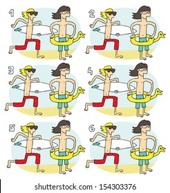 Match Pairs Visual Game: Surfer. Task: find two identical images! Answer: 1 and 6. Illustration is in eps8 vector mode!