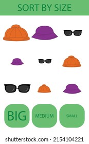 Match the panama, hat, singlasses by size large, medium and small. Children's educational game.
