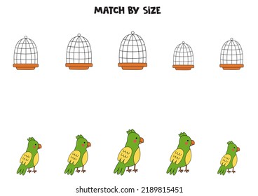 Match parrots and cages by size. Educational logical game for kids.