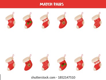 Match pars of Christmas socks. Find pair to each sock. Logical game for kids.