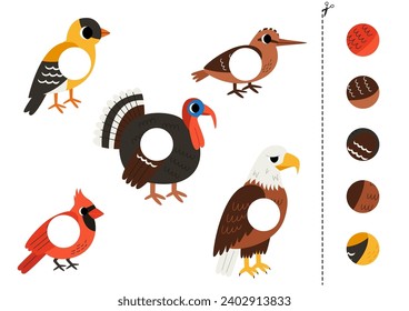 Match parts of cute birds. Funny worksheet for preschool children.