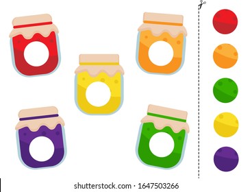 Match parts of cute cartoon jam jars. Cut and glue game for kids.
