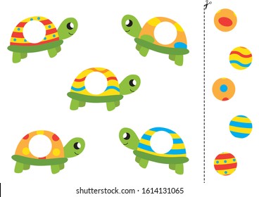 Match parts of cute cartoon turtles. Funny worksheet for preschool children.