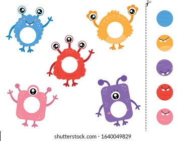 Match parts of cute colorful monsters. Cut and glue game.