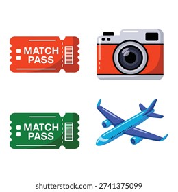 Match pass tickets, camera and airplane icons for away game travel guide, fan trip briefing session, photography contest booth