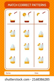 Match pattern game with cocktail. worksheet for preschool kids, kids activity sheet