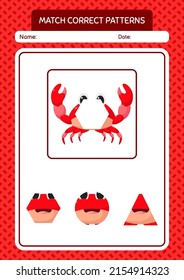 Match pattern game with crab. worksheet for preschool kids, kids activity sheet