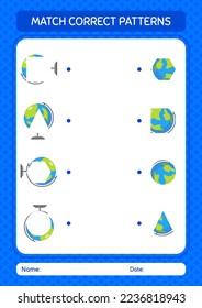 Match pattern game with globe. worksheet for preschool kids, kids activity sheet