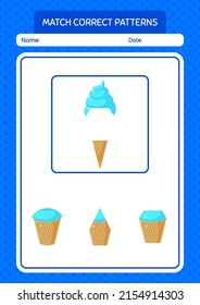 Match pattern game with ice cream. worksheet for preschool kids, kids activity sheet