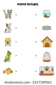 Match pet and its house or home. Logical game for kids.