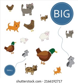 Match the pets by size big or small. Children's educational game.