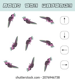 Match the pictures of animal  parrots and directions up, down, left and right . Printable worksheet. Flashcards for education.