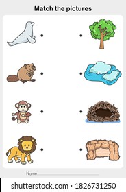 match the pictures of Animal and Their Homes. Printable worksheet. - Flashcards for education.