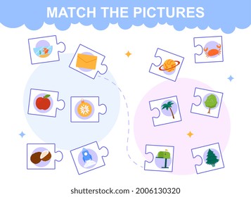 Match the pictures. An educational logic game for young children. Puzzles with the same meaning of the pictures. Cartoon flat vector illustration on a white background. For websites and for printing