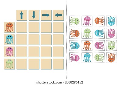 Match the pictures of   jellyfishes and directions up, down, left and right . Printable worksheet. Flashcards for education.