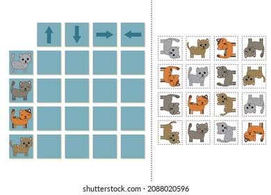 Match the pictures of  pets cats and directions up, down, left and right . Printable worksheet. Flashcards for education.