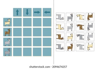 Match the pictures of  pets goats and directions up, down, left and right . Printable worksheet. Flashcards for education.