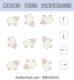Match the pictures of  pets sheeps and directions up, down, left and right . Printable worksheet. Flashcards for education.