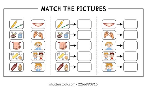 Match the pictures. Vector Bathroom elements and personal hygiene items. Worksheet development baby. Preschool Cards for the development of children for image matching. For print and digital use.