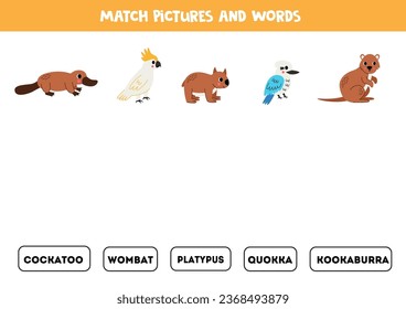 Match pictures and words. Logical puzzle for kids. Australian animals.