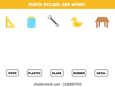 Match pictures and words. What it is made of worksheet. Educational logical game for kids.