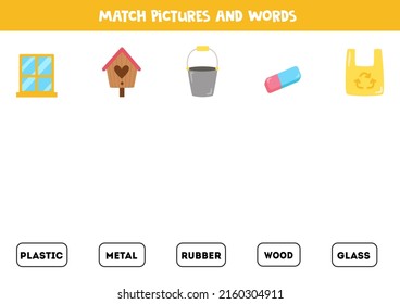 Match pictures and words. What it is made of worksheet. Educational logical game for kids.