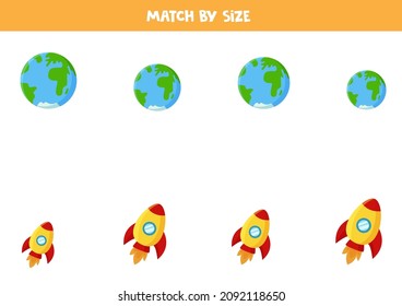 Coincide con el planeta Tierra y los cohetes por tamaño. Juego educativo lógico para niños.