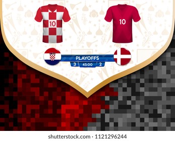 Match playoffs. Game between the teams of Croatia and Denmark. Vector illustration of t-shirt and national flag.