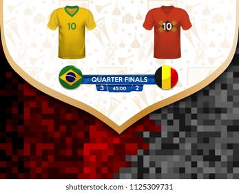 Match playoffs. Game between the teams of Brazil and Belgium. Vector illustration of t-shirt and national flag.
