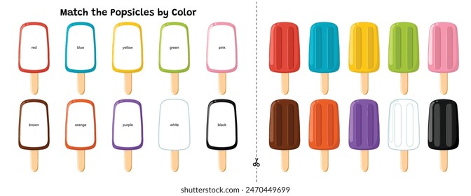 Match popsicles by color. Educational matching game for kids. Summer cut and paste activity page for toddlers. Vector illustration