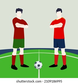 Match preview displaying two male footballers within a football field. Portugal vs Spain.