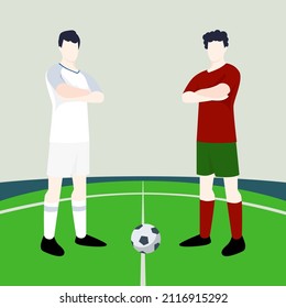 Match preview displaying two male footballers within a football field vector illustration. England vs Portugal.