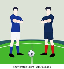 Match preview displaying two male footballers within a football field vector illustration. Italy vs France.