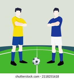 Match preview displaying two male footballers within a football field vector illustration. Brazil vs Italy.