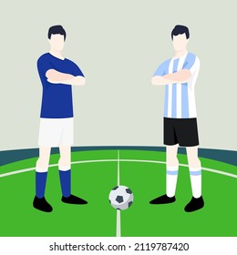 Match preview displaying two male footballers within a football field vector illustration. Italy vs Argentina.