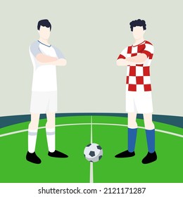 Match preview displaying two male footballers within a football field vector illustration. England vs Croatia.