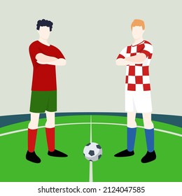 Match preview displaying two male footballers within a football field vector illustration. Portugal vs Croatia.