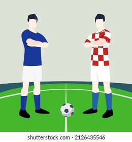 Match preview displaying two male footballers within a football field vector illustration. Italy vs Croatia.