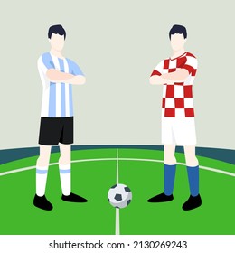 Match preview displaying two male footballers within a football field vector illustration. Argentina vs Croatia.