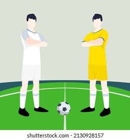 Match preview displaying two male footballers within a football field vector illustration. England vs Ukraine.