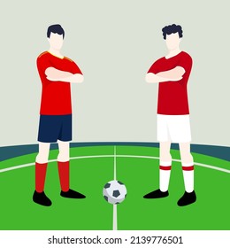 Match preview displaying two male footballers within a football field vector illustration. Spain vs Poland.