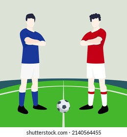 Match preview displaying two male footballers within a football field vector illustration. Italy vs Poland.