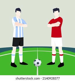 Match preview displaying two male footballers within a football field vector illustration. Argentina vs Poland.