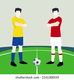 Match preview displaying two male footballers within a football field vector illustration. Brazil vs Poland.