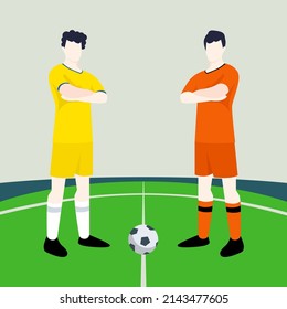 Match preview displaying two male footballers within a football field vector illustration. Ukraine vs Netherlands.