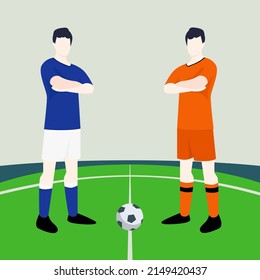 Match preview displaying two male footballers within a football field vector illustration. Italy vs Netherlands.