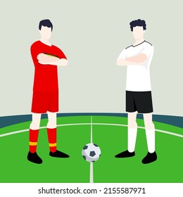 Match preview displaying two male footballers within a football field vector illustration. Belgium vs Germany. 