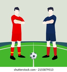 Match preview displaying two male footballers within a football field vector illustration. Belgium vs France.