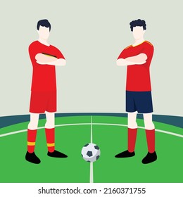 Match preview displaying two male footballers within a football field vector illustration. Belgium vs Spain.